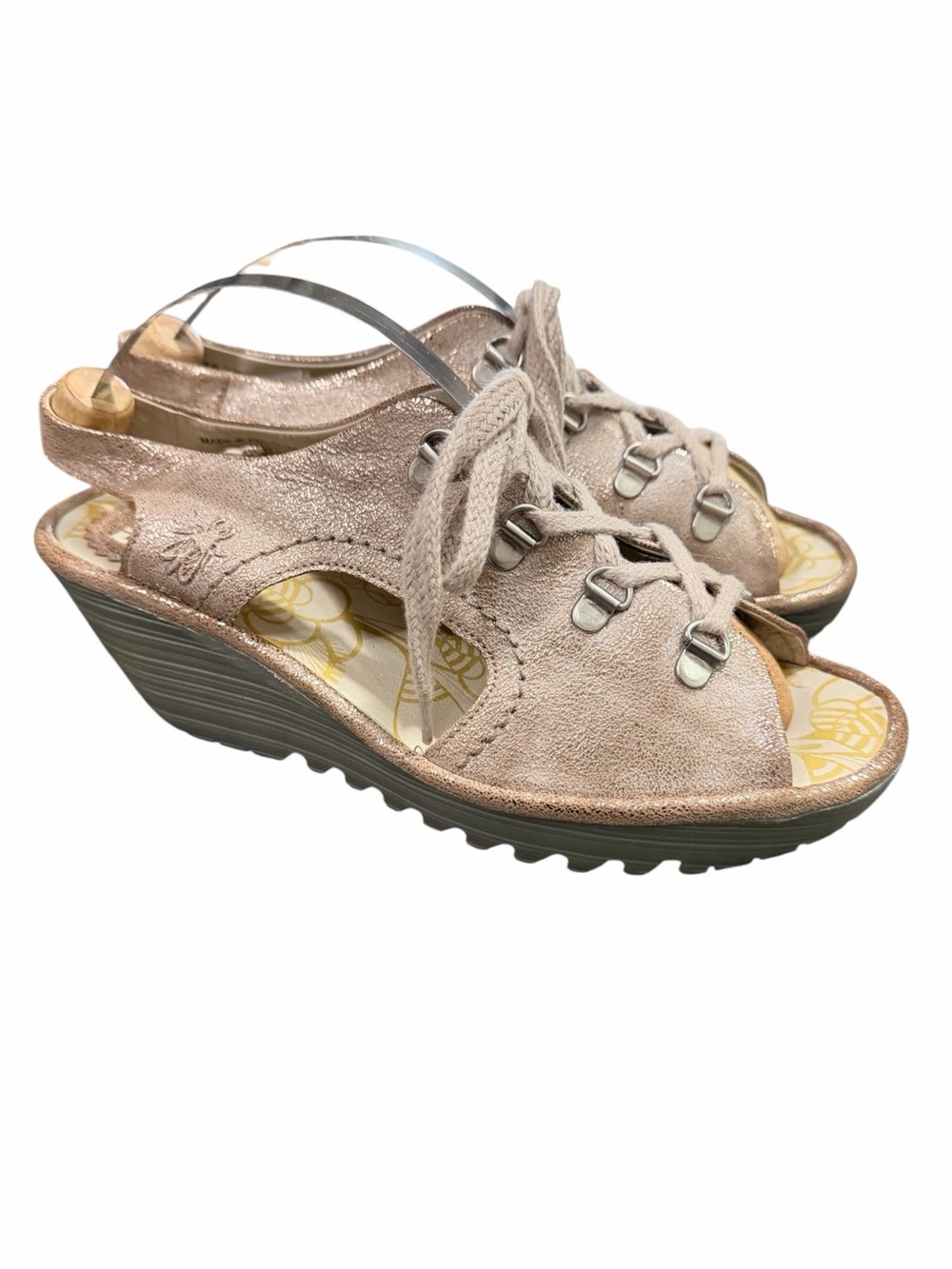 FLY LONDON Ylfa Leather Lace Up Wedge Sandals Beige Rose Gold Suede Size 9-9.5